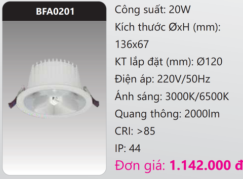  ĐÈN LED DOWNLIGHT ÂM TRẦN 20W DUHAL BFA0201 