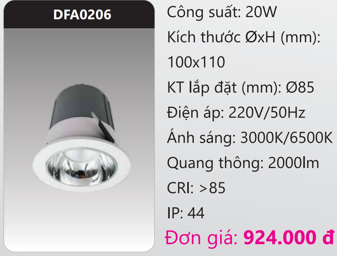 ĐÈN LED DOWNLIGHT ÂM TRẦN 20W DUHAL DFA0206