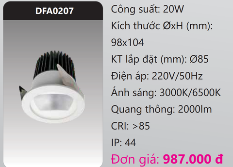  ĐÈN LED DOWNLIGHT ÂM TRẦN 20W DUHAL DFA0207 