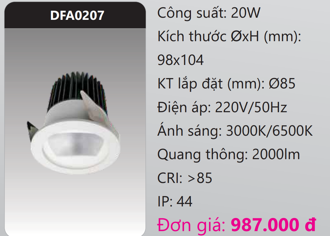 ĐÈN LED DOWNLIGHT ÂM TRẦN 20W DUHAL DFA0207