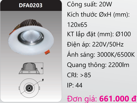  ĐÈN LED DOWNLIGHT ÂM TRẦN CAO CHIẾU SÂU 20W DUHAL DFA0203 