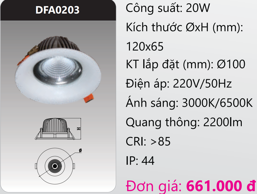 ĐÈN LED DOWNLIGHT ÂM TRẦN CAO CHIẾU SÂU 20W DUHAL DFA0203