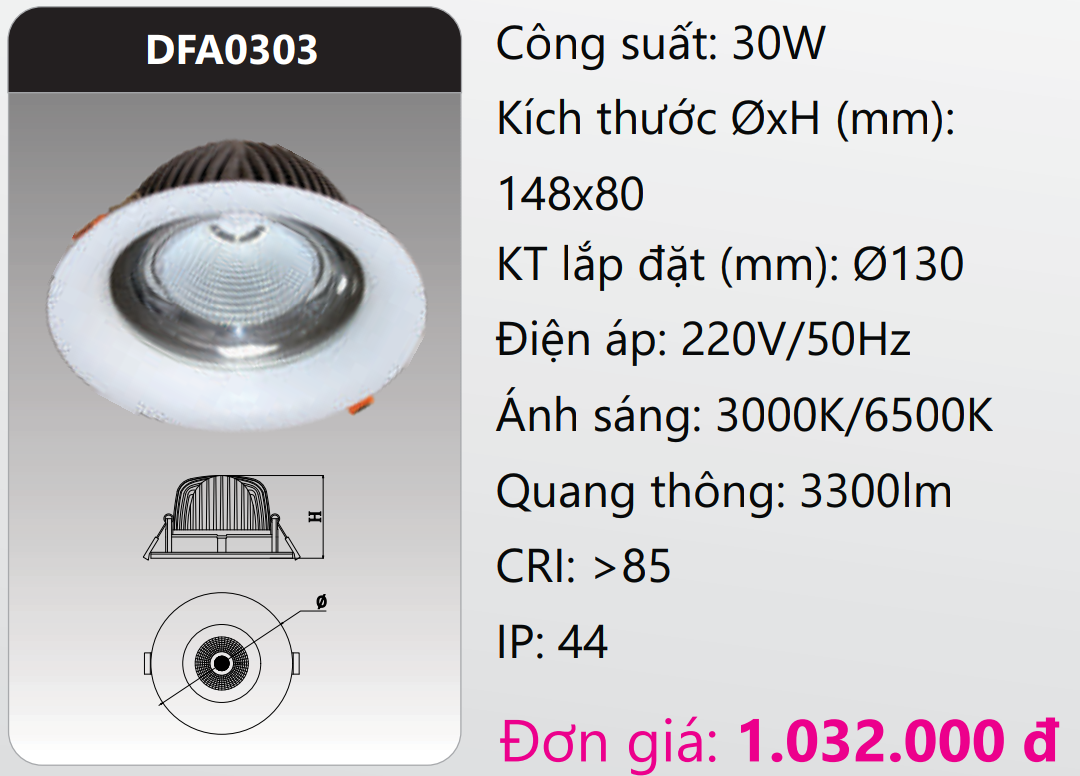 ĐÈN LED DOWNLIGHT ÂM TRẦN CAO CHIẾU SÂU 30W DUHAL DFA0303