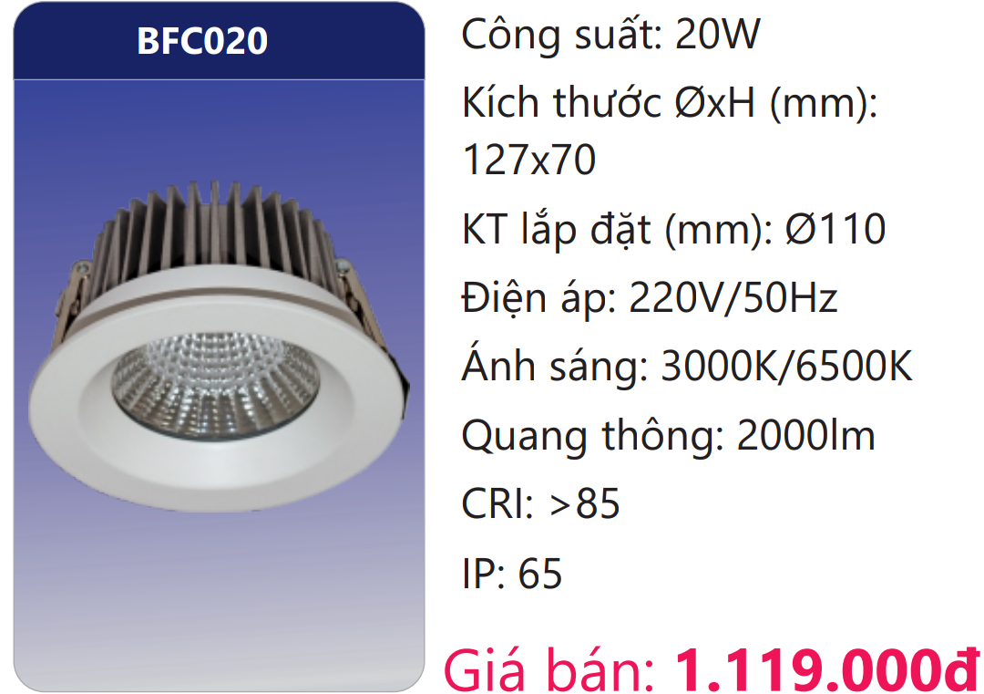 ĐÈN LED DOWNLIGHT ÂM TRẦN CAO CHIẾU SÂU DUHAL 20W BFC020