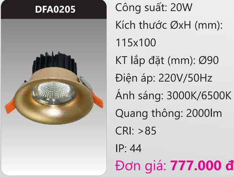  ĐÈN LED DOWNLIGHT ÂM TRẦN CHIẾU CAO 20W DUHAL DFA0205 