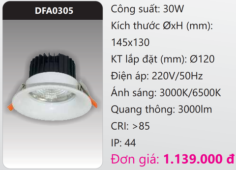  ĐÈN LED DOWNLIGHT ÂM TRẦN CHIẾU CAO 30W DUHAL DFA0305 