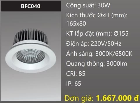  ĐÈN LED DOWNLIGHT ÂM TRẦN CHỐNG THẤM 30W DUHAL BFC040 