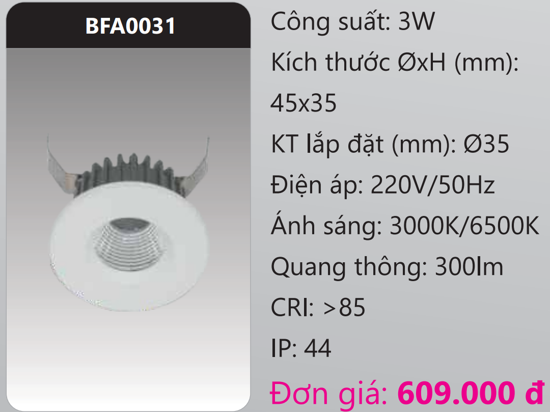 ĐÈN LED DOWNLIGHT ÂM TRẦN MINI DUHAL 3W BFA0031