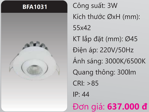  ĐÈN LED DOWNLIGHT ÂM TRẦN MINI DUHAL 3W BFA1031 