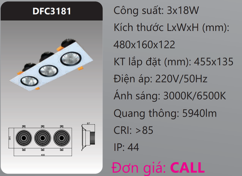  ĐÈN LED DOWNLIGHT VUÔNG ÂM TRẦN CHIẾU ĐIỂM 18W X 3 BÓNG DUHAL DFC3181 