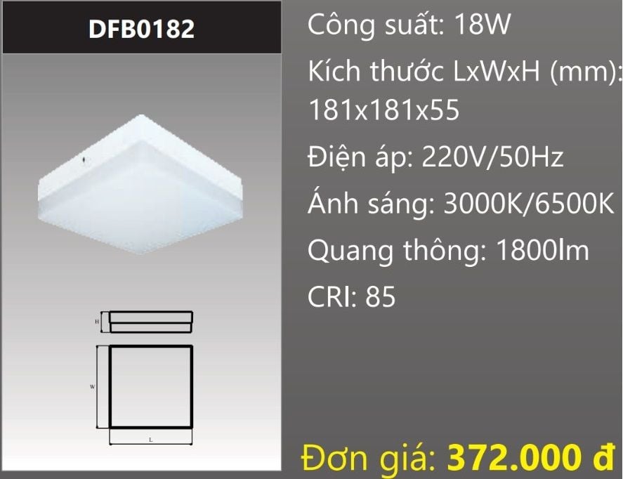 ĐÈN LED GẮN NỔI ỐP TRẦN VUÔNG ĐẾ NHÔM 18W DUHAL DFB0182