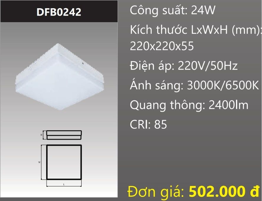ĐÈN LED GẮN NỔI ỐP TRẦN VUÔNG ĐẾ NHÔM 24W DUHAL DFB0242