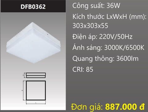  ĐÈN LED GẮN NỔI ỐP TRẦN VUÔNG ĐẾ NHÔM 36W DUHAL DFB0362 