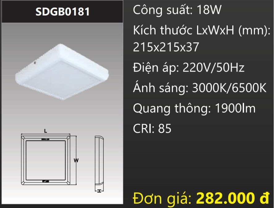 ĐÈN LED ỐP TRẦN NỔI VUÔNG VIỀN MỎNG 18W DUHAL - SDGB0181