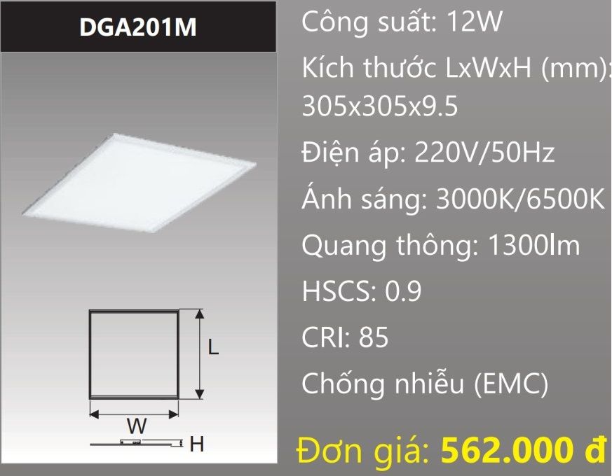 ĐÈN LED PANEL ÂM TRẦN BẢNG 300x300 (30x30) 12W DUHAL DGA201M