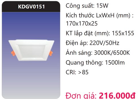  ĐÈN LED PANEL ÂM TRẦN VUÔNG 15W DUHAL KDGV0151 