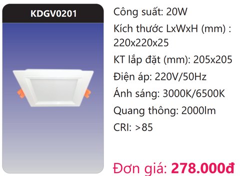  ĐÈN LED PANEL ÂM TRẦN VUÔNG 20W DUHAL KDGV0201 