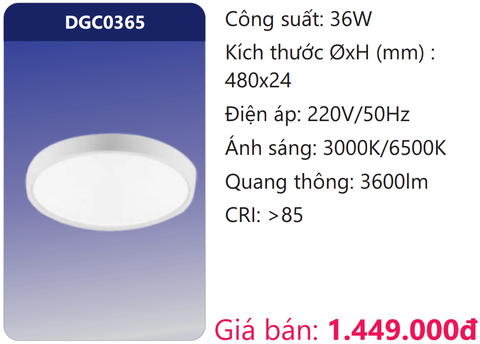  ĐÈN LED PANEL ỐP TRẦN SIÊU MỎNG Ø480 36W DUHAL DGC0365 