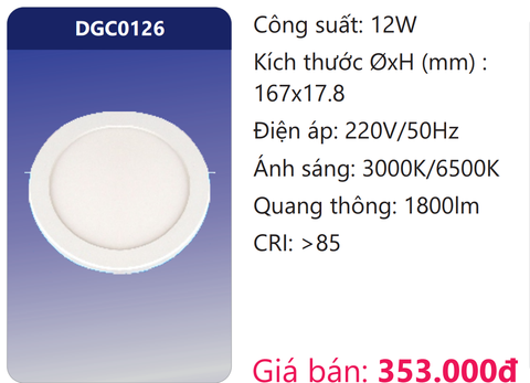  ĐÈN LED PANEL SIÊU MỎNG ỐP TRẦN 12W DUHAL DGC0126 