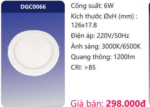  ĐÈN LED PANEL SIÊU MỎNG ỐP TRẦN 6W DUHAL DGC0066 