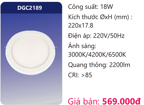  ĐÈN LED PANEL SIÊU MỎNG ỐP TRẦN  ĐỔI MÀU 18W DUHAL DGC2189 