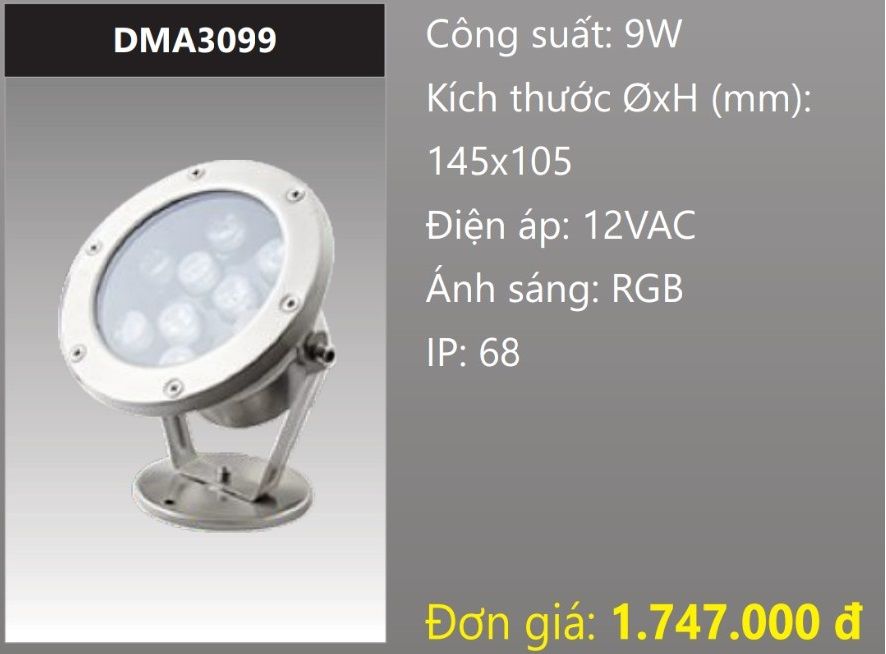 ĐÈN LED RỌI DƯỚI NƯỚC 9W ĐỔI MÀU RGB DUHAL DMA3099