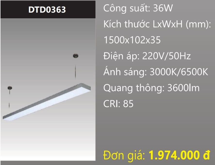 ĐÈN LED TREO THẢ VĂN PHÒNG - PHÒNG HỌP DUHAL 36W DTD0363