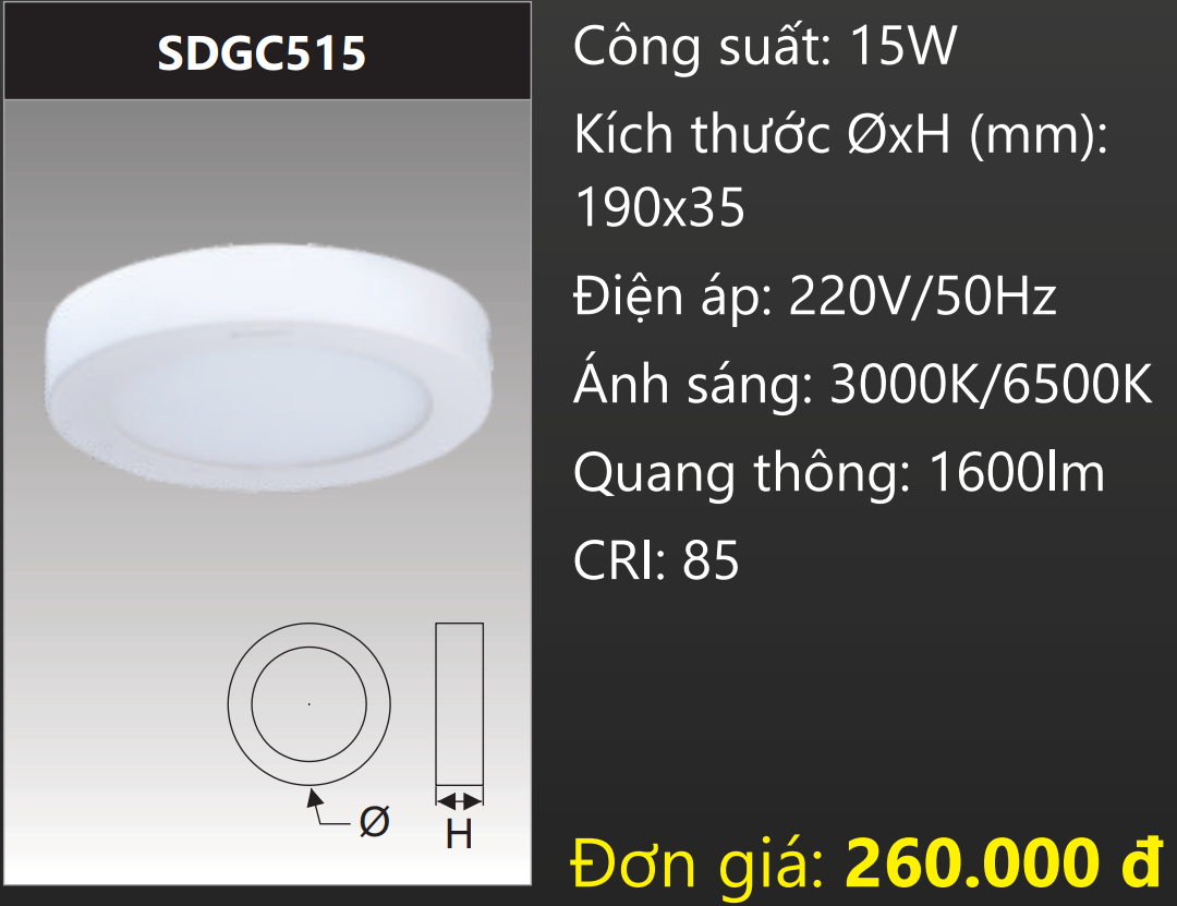 ĐÈN LED TRÒN GẮN NỔI 15W DUHAL SDGC515