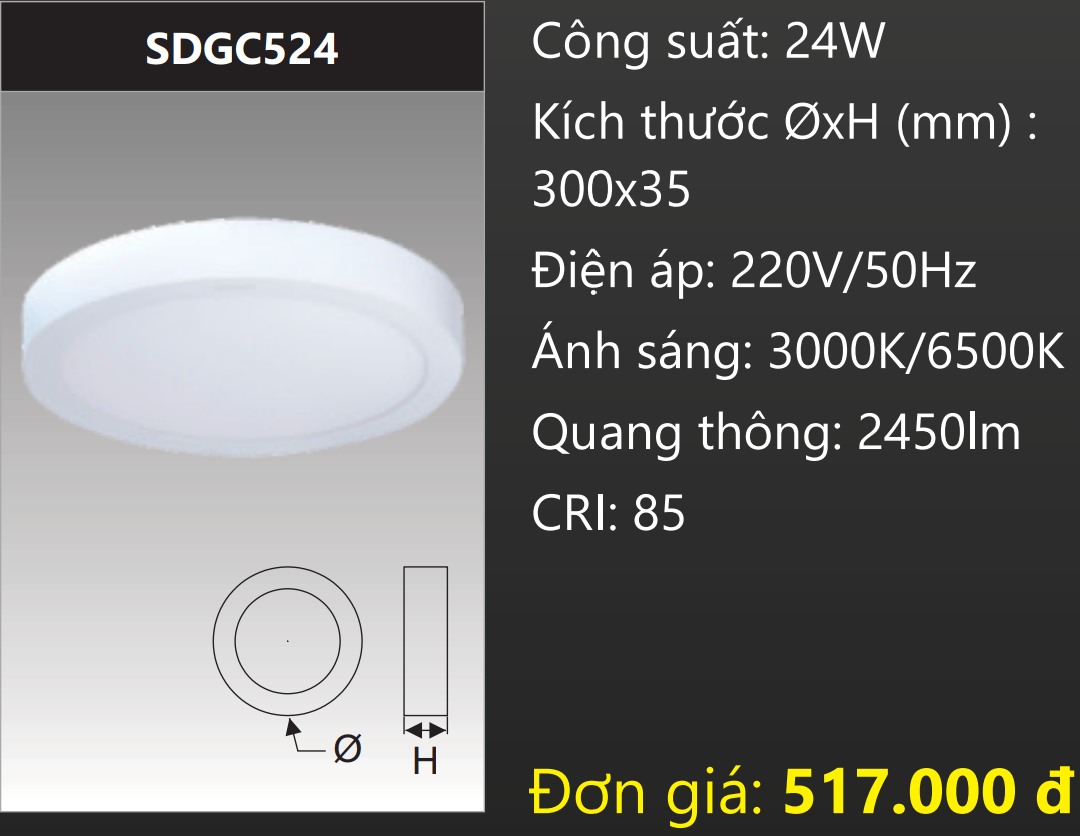 ĐÈN LED ỐP TRẦN DUHAL 24W SDGC524