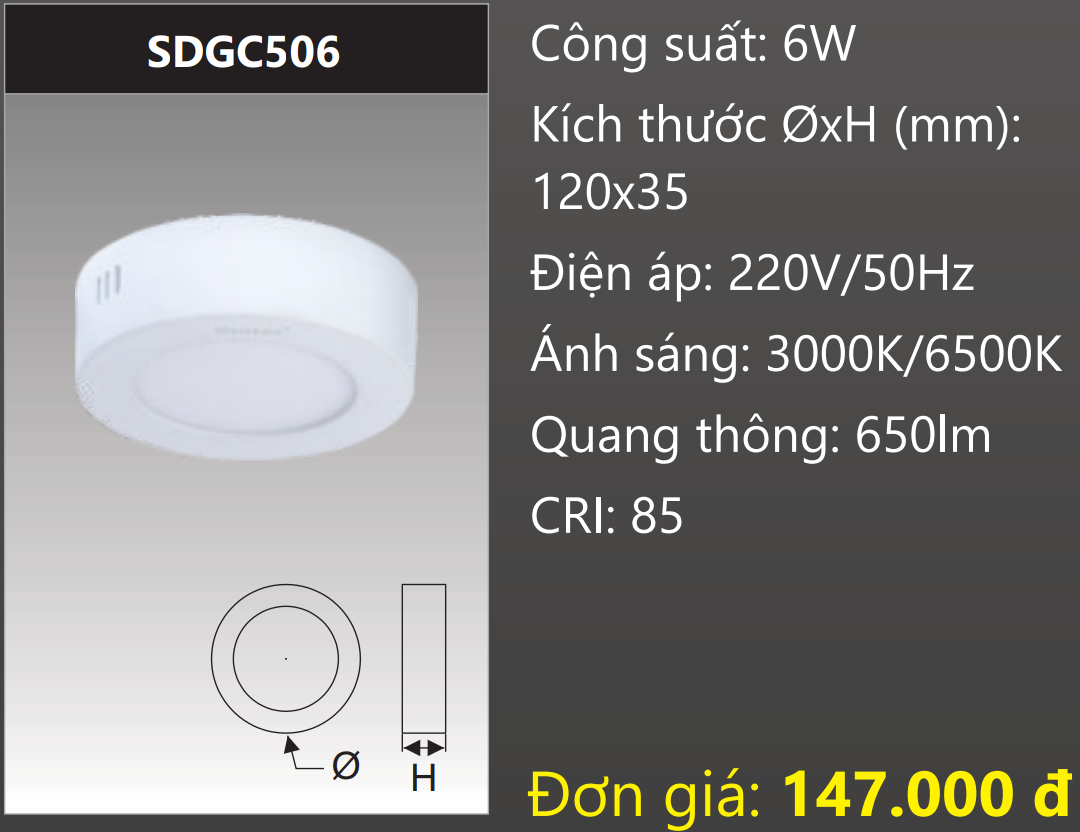 ĐÈN LED ỐP TRẦN DUHAL 6W SDGC506