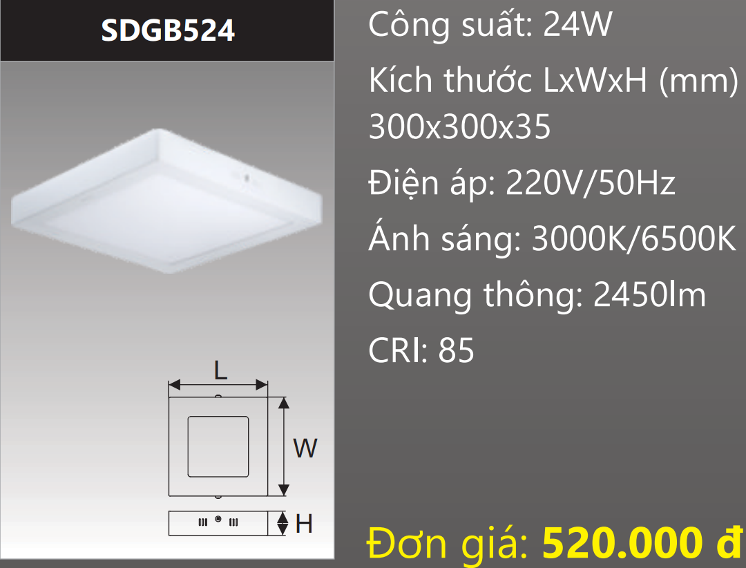 ĐÈN LED VUÔNG GẮN NỔI 24W DUHAL SDGB524