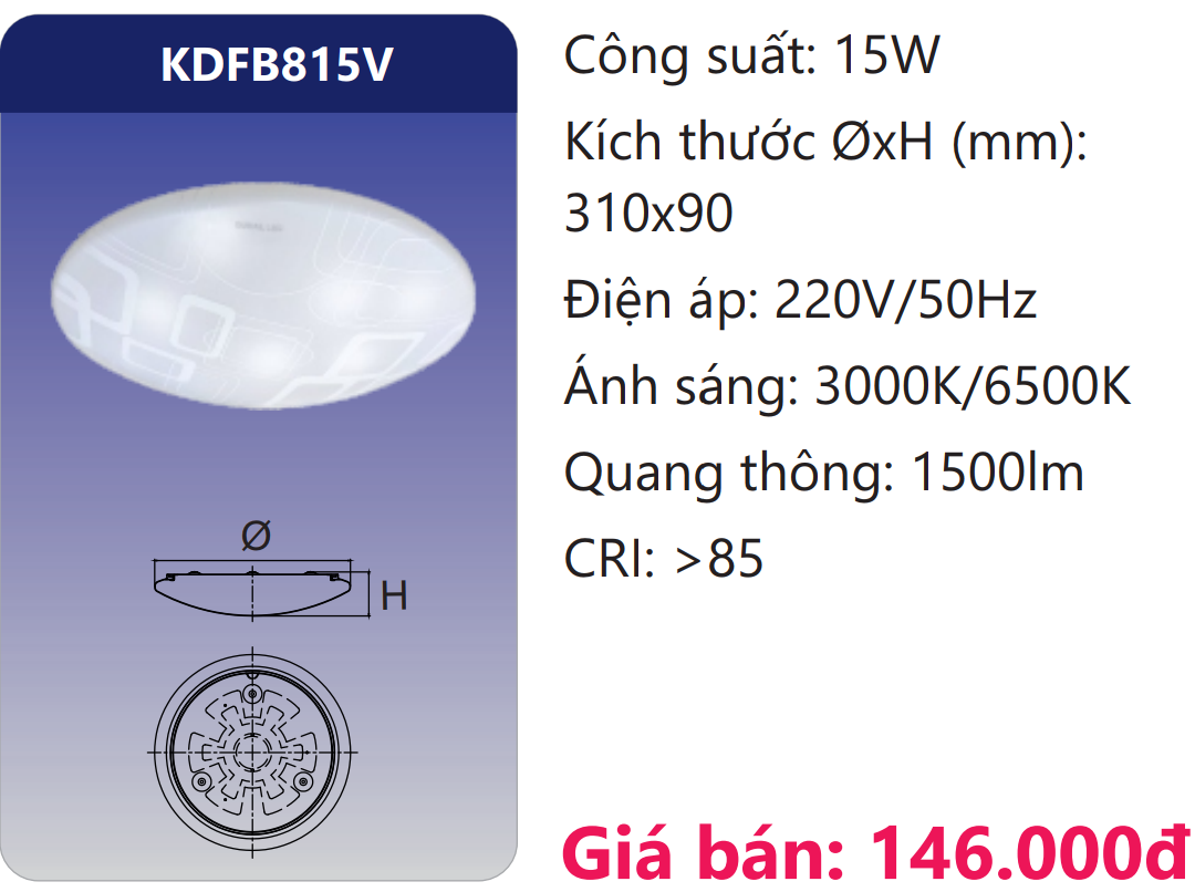 ĐÈN ỐP TRẦN LED 15W DUHAL KDFB815V