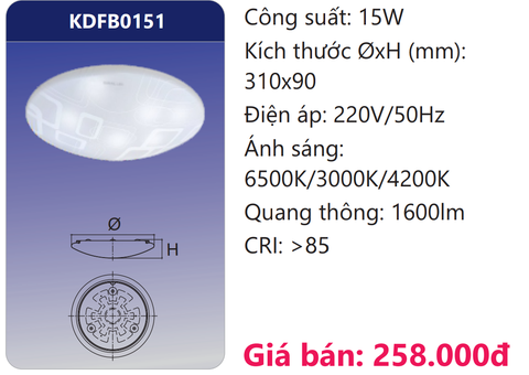  ĐÈN ỐP TRẦN LED ĐỔI 3 MÀU 15W DUHAL KDFB0151 