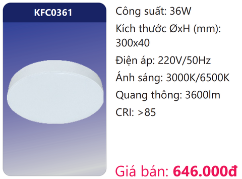  ĐÈN ỐP TRẦN TRÒN TRÀN VIỀN ĐẾ NHÔM LED 36W DUHAL KFC0361 