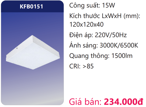  ĐÈN ỐP TRẦN VUÔNG TRÀN VIỀN ĐẾ NHÔM LED 15W DUHAL KFB0151 