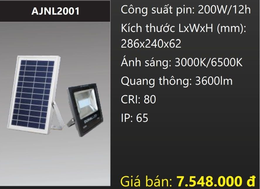 ĐÈN PHA NĂNG LƯỢNG MẶT TRỜI 200W DUHAL AJNL2001