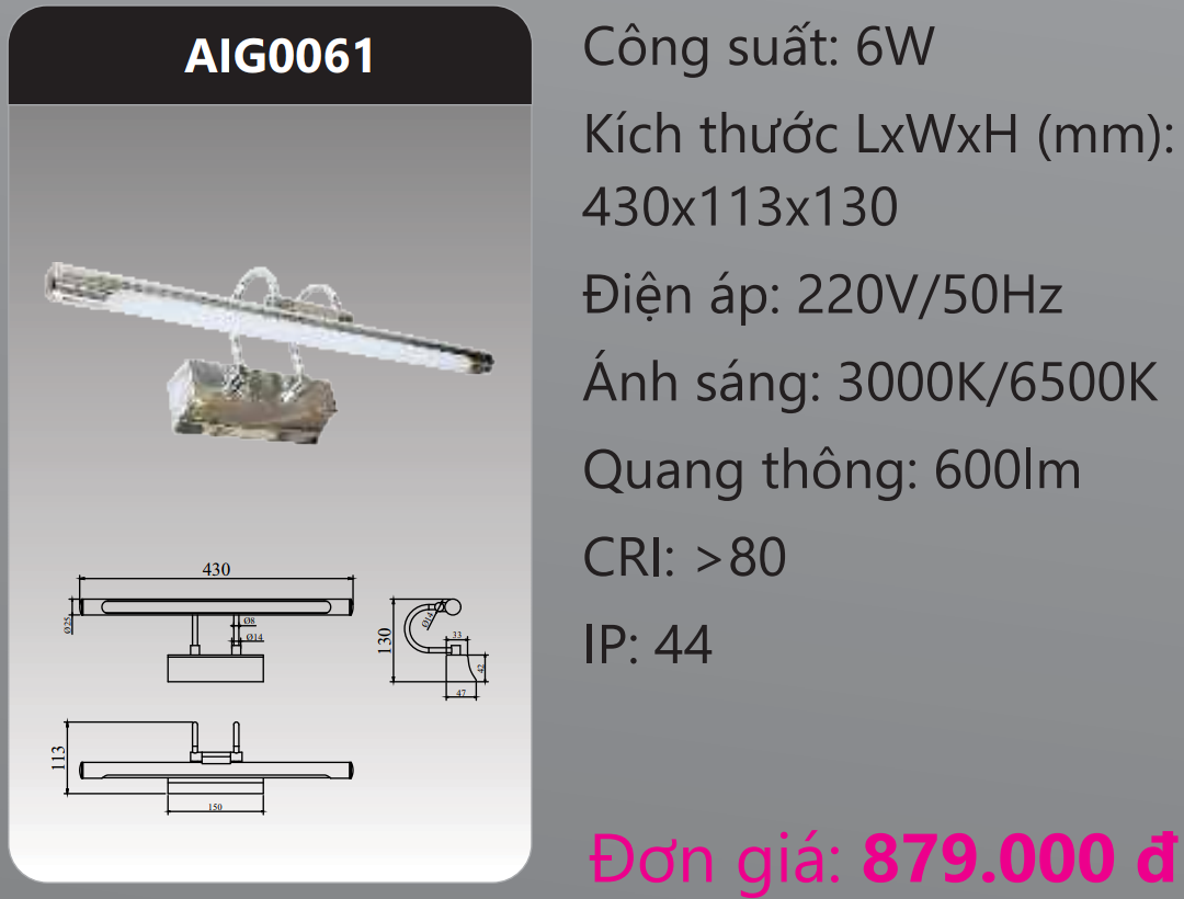 ĐÈN RỌI TRANH SOI GƯƠNG LED DUHAL 6W AIG0061