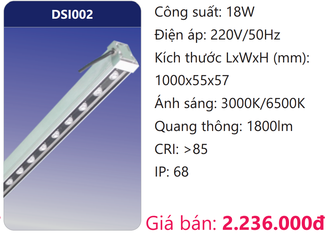 ĐÈN THANH LED 1M CHỐNG THẤM NGOÀI TRỜI 18W DUHAL DSI002