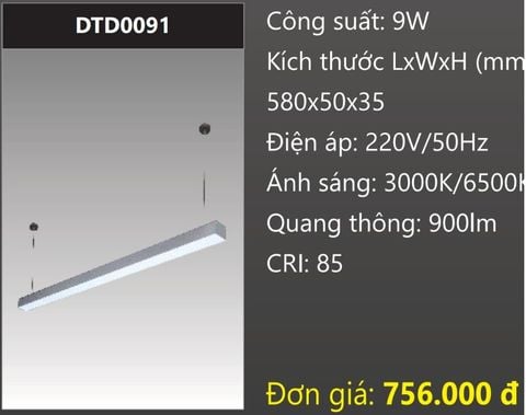  ĐÈN TREO THẢ 0,6M (6 TẤC) LED 9W DUHAL DTD0091 