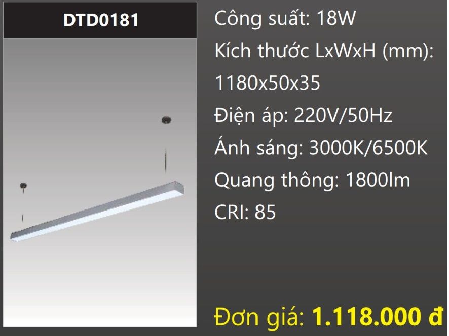 ĐÈN TREO THẢ 1,2M (1M2) LED 18W DUHAL DTD0181