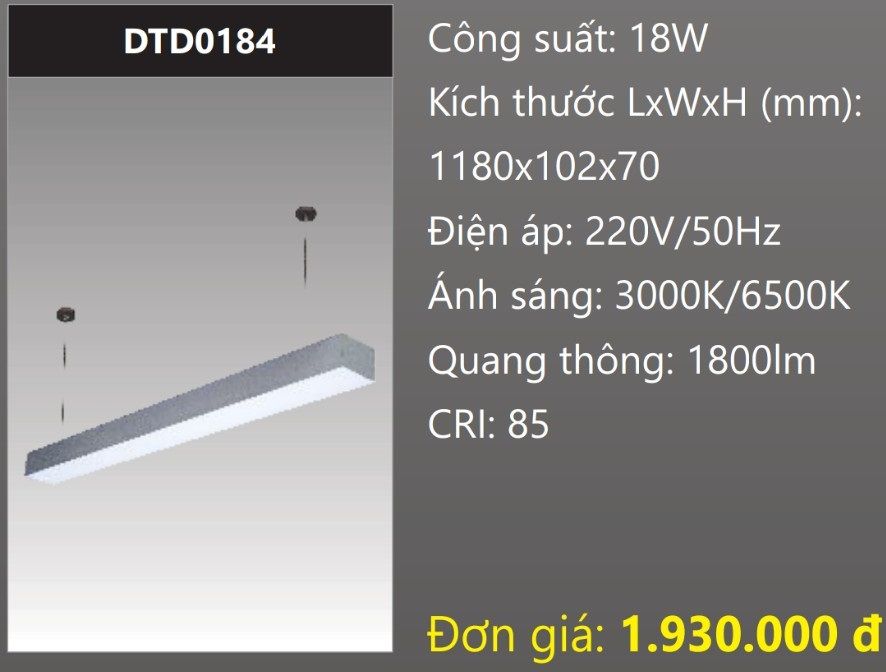 ĐÈN TREO THẢ VĂN PHÒNG - PHÒNG HỌP 1,2M (1M2) LED 18W DUHAL DTD0184