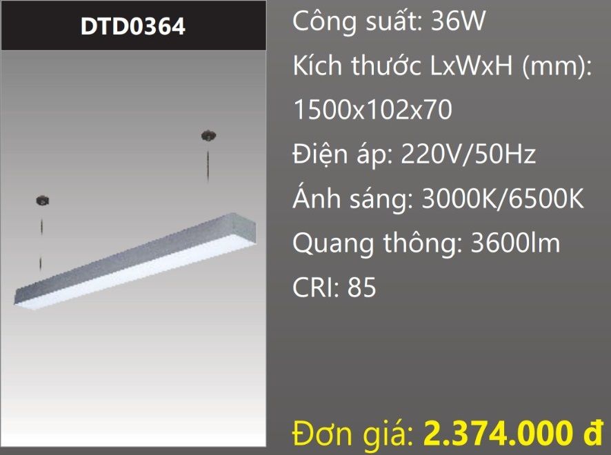 ĐÈN TREO THẢ VĂN PHÒNG - PHÒNG HỌP 1,5M (1M5) LED 36W DUHAL DTD0364