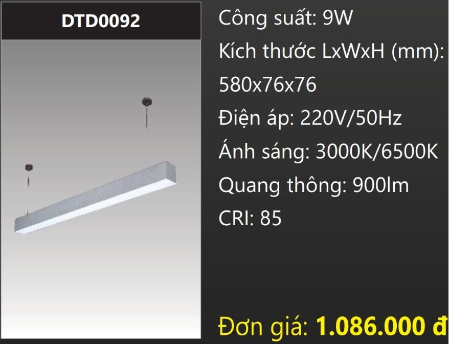 ĐÈN TREO THẢ VĂN PHÒNG - PHÒNG HỌP LED 9W DUHAL DTD0092