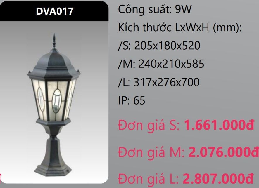 ĐÈN TRỤ CỔNG DUHAL LED 9W DVA017 (DVA017S - DVA017M - DVA017L)