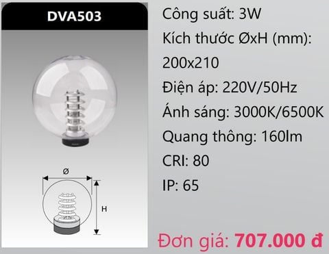  ĐÈN TRỤ CỔNG SÂN VƯỜN DẠNG CẦU TRÒN PHI Ø200 DUHAL DVA503 