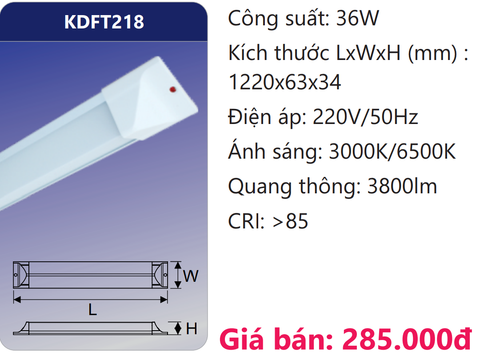  ĐÈN TUÝP LED CHỮ V 1M2 36W DUHAL KDFT218 