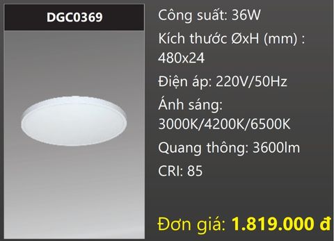  ĐÈN GẮN NỔI ỐP TRẦN TRÒN Ø480 LED ĐỔI 3 BA CHẾ ĐỘ MÀU 36W DUHAL DGC0369 