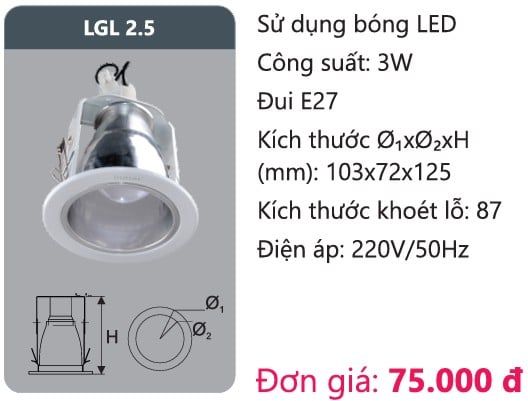 ĐÈN LON DOWNLIGHT ÂM TRẦN DUHAL LGL 2.5