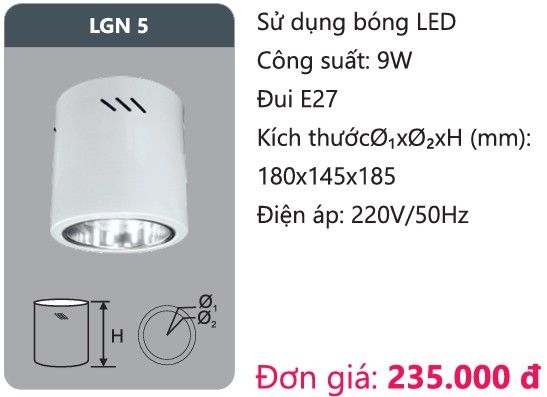 ĐÈN LON GẮN NỔI DUHAL LGN 5 / TRÒN