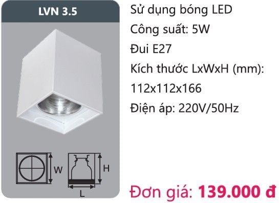 ĐÈN LON GẮN NỔI DUHAL LVN 3.5 / VUÔNG